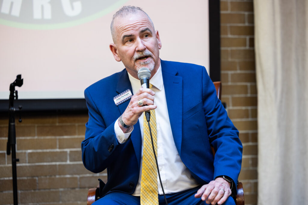patrick-dugan-philadelphia-district-attorney-election-KP-031125-04 Former judge Pat Dugan at a forum hosted by the Human Rights Coalition for Philadelphia Democratic candidates for DA on March 11, 2025.