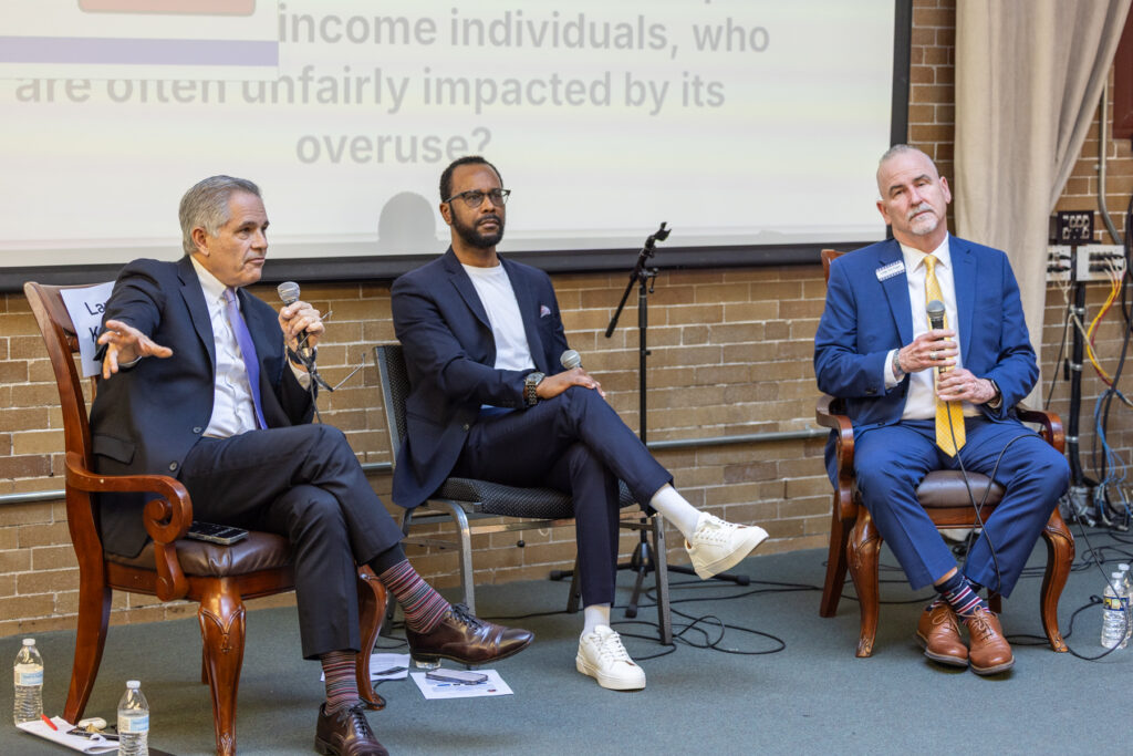 philadelphia-district-attorney-election-krasner-dugan-KP-031125-02 Philadelphia District Attorney Larry Krasner faces off against former judge Pat Dugan at the West Philadelphia Mennonite Fellowship district attorney forum on March 11, 2025.