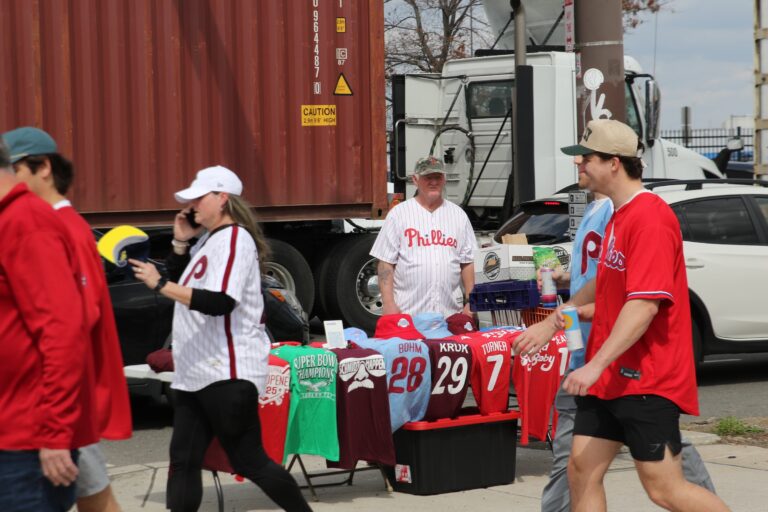 A man selling Phillies memorabilia outside the stadium