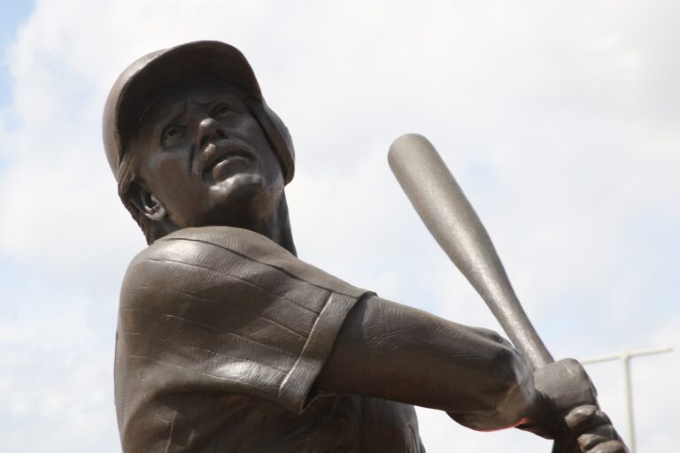 A close-up of the face on the statue of Mike Schmidt
