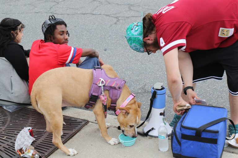 Phillies fans in the parking lot feeding their dog