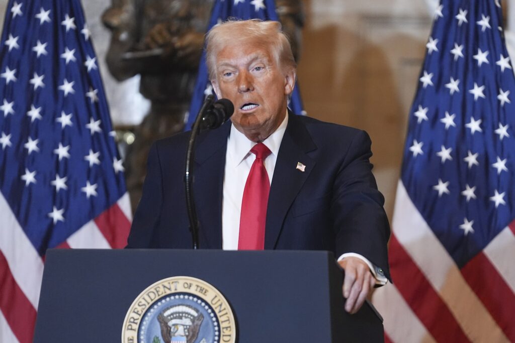 President Donald Trump speaks at the National Prayer Breakfast at the Capitol in Washington, Feb. 6, 2025. (