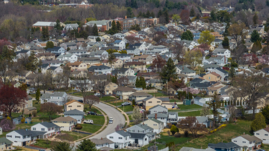 Homes in Delaware County, Pa. (Kimberly Paynter/WHYY) Overhead photo of a residential area
