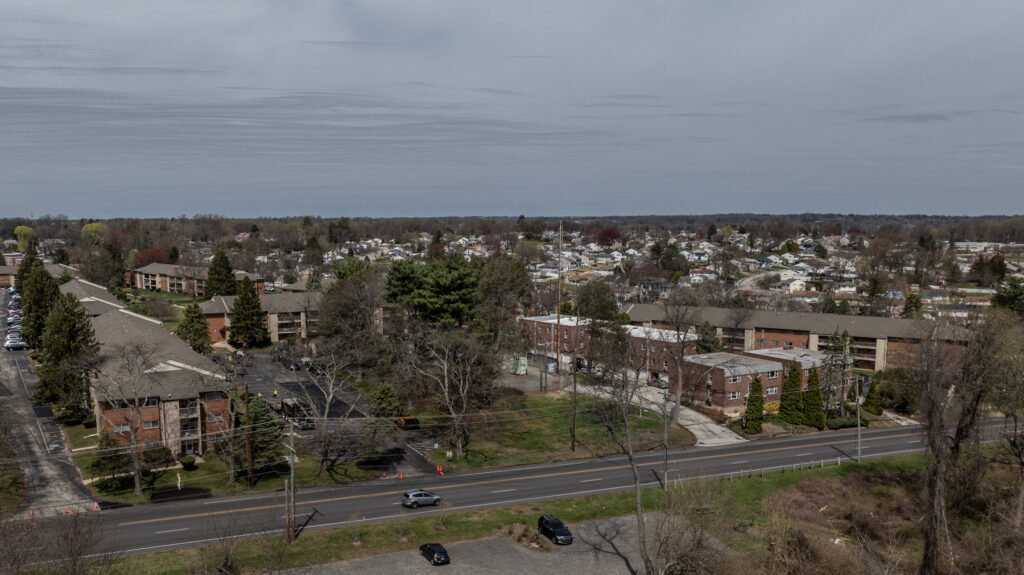 Homes in Delaware County, Pa. (Kimberly Paynter/WHYY) Overhead photo of a residential area