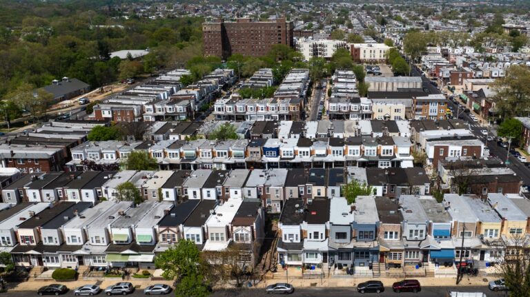 aerial view of residential blocks in Philly