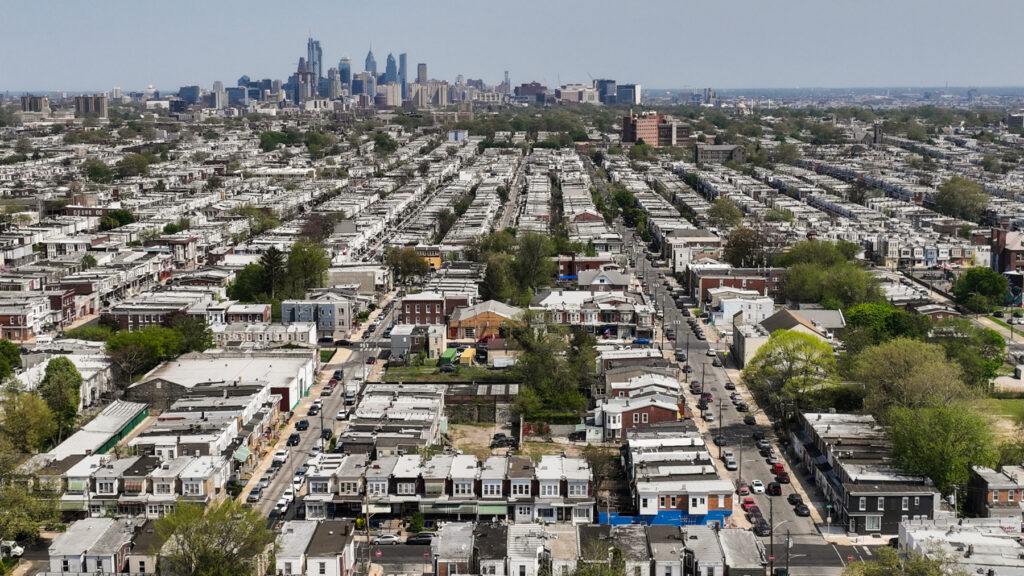 Homes in West Philadelphia. (Kimberly Paynter/WHYY) aerial view of residential blocks in Philly