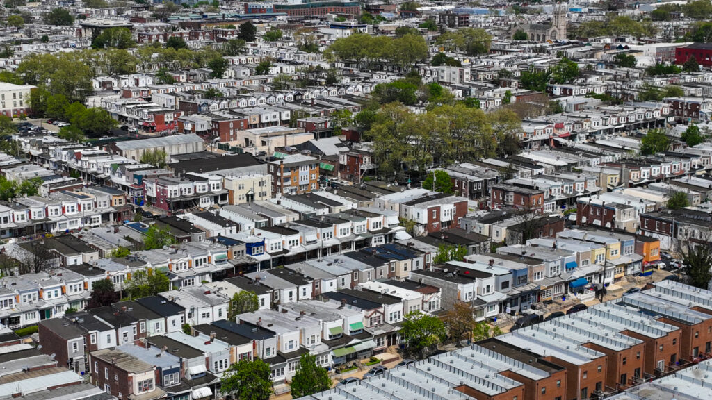 Homes in West Philadelphia. (Kimberly Paynter/WHYY) aerial view of residential blocks in Philly