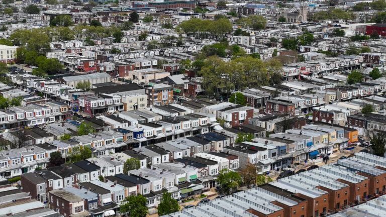 aerial view of residential blocks in Philly