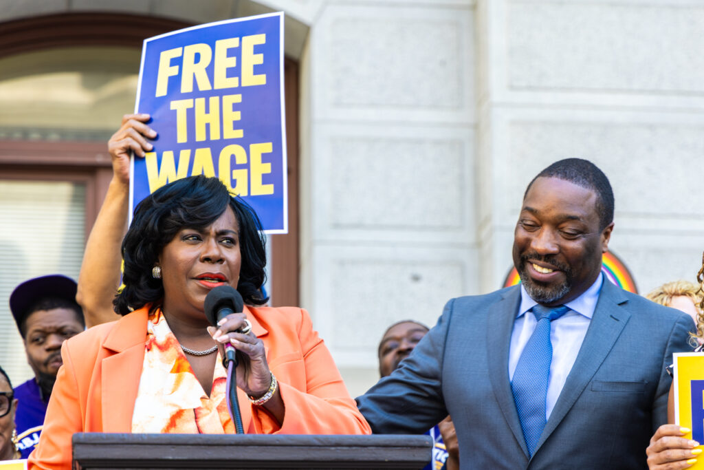 04 29 2025 k paynter free the wage protest_ Cherelle Parker speaking at a podium at the rally