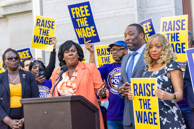 Philadelphia Mayor Cherelle Parker joined 32BJ SEIU workers outside city hall to call on legislators in Harrisburg to allow the city to raise their own minimum wage on April 29, 2025. (Kimberly Paynter/WHYY)