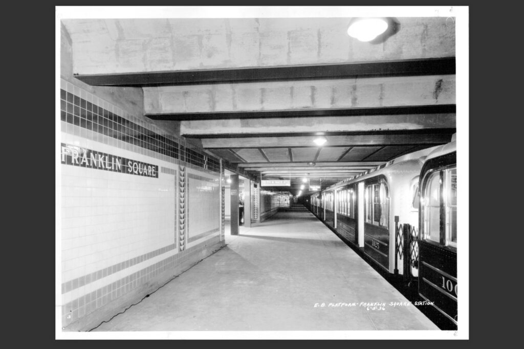 An archival photo of the subway platform