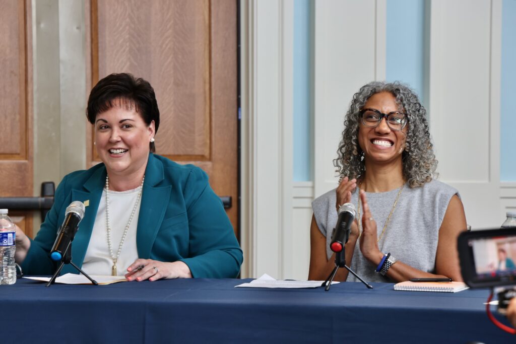 Kathryn Ott Lovell (left), president and CEO of Philadelphia 250, and Angela Val, president and CEO of Visit Philly, testify at a City Council hearing at the Museum of the American Revolution on the city's preparations for 2026 celebrations.