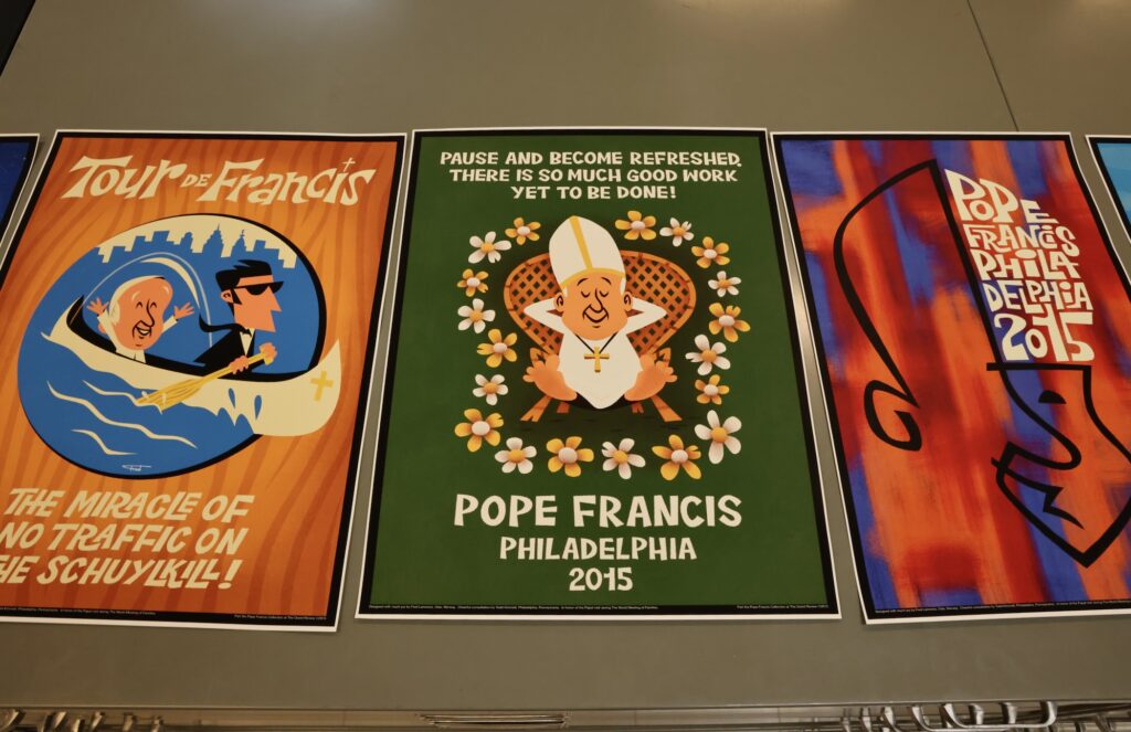 2025 04 22- e lee-philadelphia historical society of Pennsylvania-pope memorabilia posters three artistic pope signs
