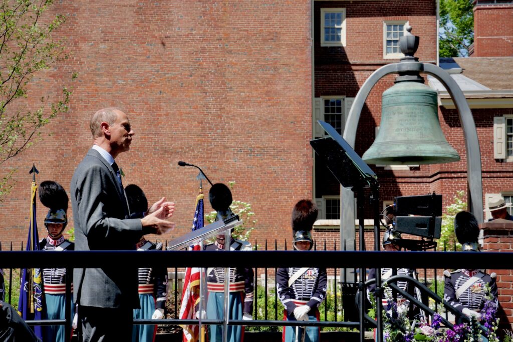 2025 04 30-e lee-prince edward-philadelphia benjamin rush garden-bicentennial bell park dedication with bell Prince Edward speaks at the Prince Edward event in Philadelphia