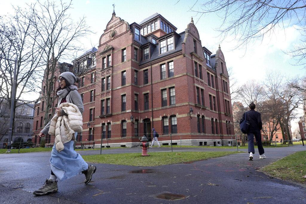 Trump Harvard People walk on campus at Harvard University