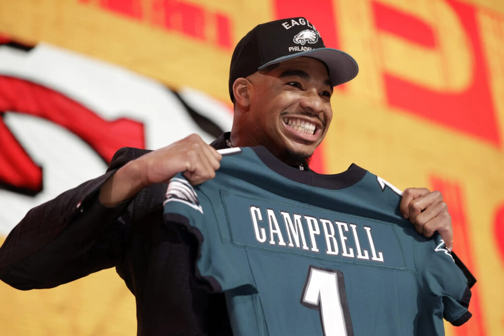 Jihaad Campbell poses after being chosen by the Philadelphia Eagles with the 31st overall pick during the first round of the NFL football draft
