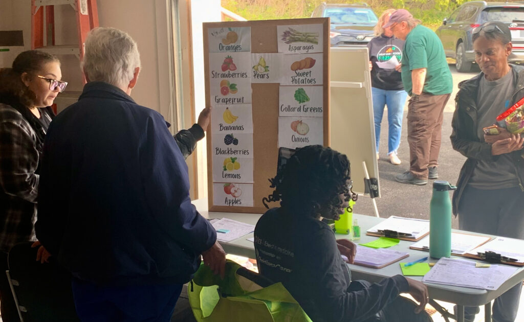 Lutheran-Community-Services-food-pantry-2025-1 a list of foods offered at a table as residents stand in line