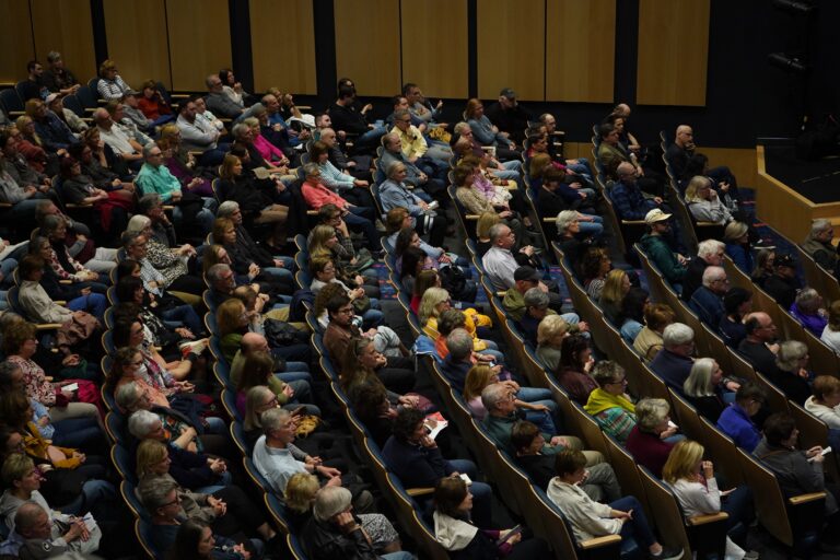 Attendees are seen overhead at U.S. Rep. Madeleine Dean's town hall in Blue Bell, Pennsylvania