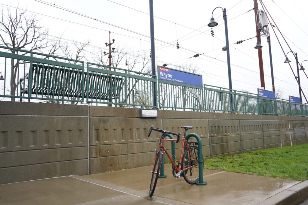 Wayne Station is one of about two dozen stops along SEPTA’s Paoli_Thorndale Regional Rail line A bike locked up at the Wayne train station