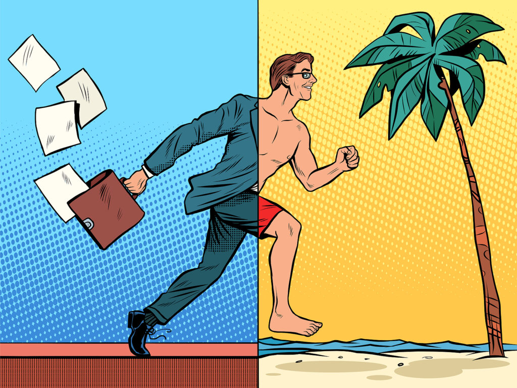 Businessman dreaming about the rest Businessman dreaming about rest pop art retro style. Beach sea tourism tropics. Office work business concept. Vacation travel joy