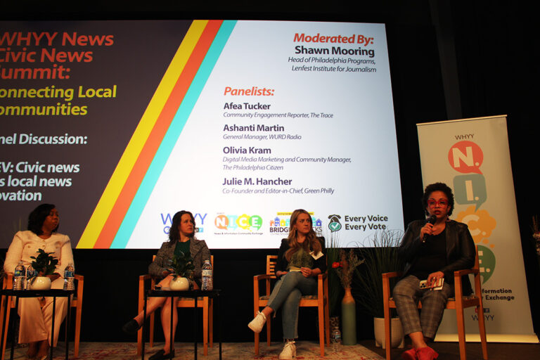 From left to right, Afea Tucker, Julie Hancher, Olivia Kram, and Ashanti Martin discuss the Every Voice Every Vote initiative. (Emily Neil/WHYY)