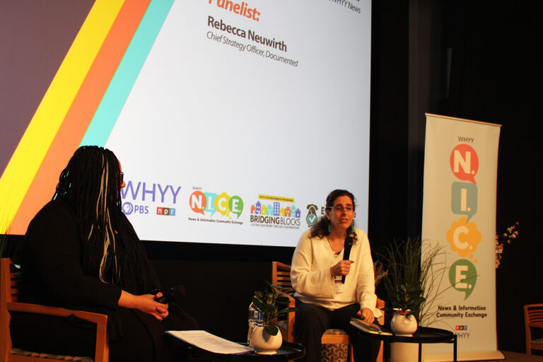 Sarah Glover, WHYY News vice president of news and civic dialogue, speaks with Rebecca Neuwirth, chief strategy officer at Documented, about the organization's growth and strategy. (Emily Neil/WHYY)