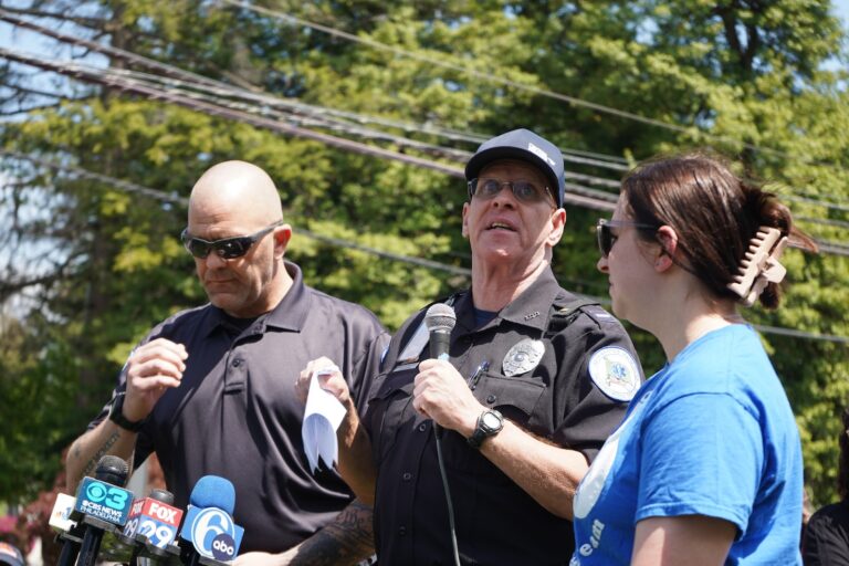 Crozer paramedic Bill McCall speaks at a protest outside Crozer-Chester Medical Center