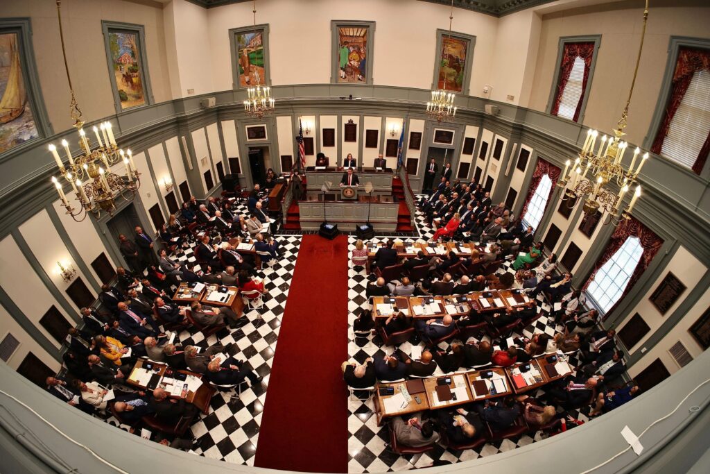 delaware-senate-chambers-2025-04-10-file Lawmakers in Legislative Hall's Senate chambers in Dover