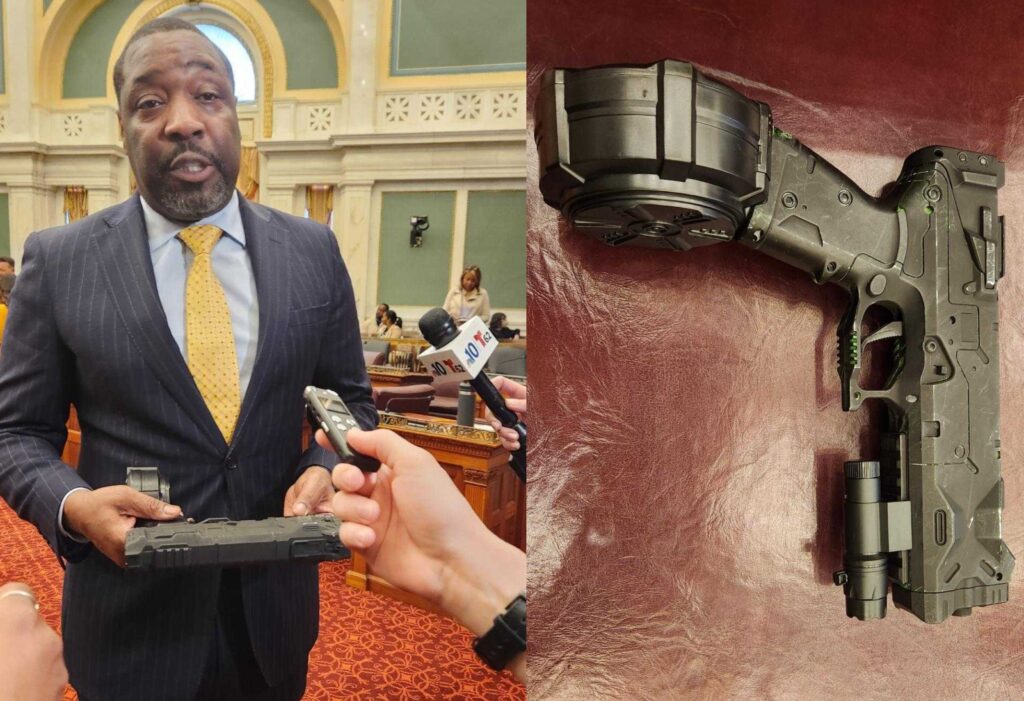 kenyatta-johnson-gun-2025-04-08 side-by-side photos of Kenyatta Johnson holding a toy gun, and the toy gun