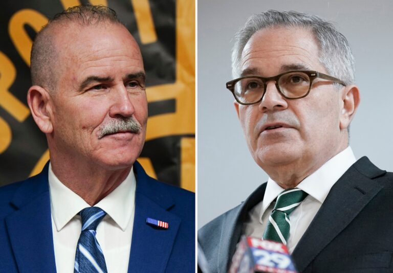 a combination photo of Patrick Dugan and Larry Krasner