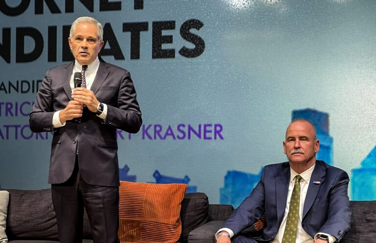 District Attorney Larry Krasner, left, and retired Municipal Court judge Patrick Dugan took part in a DA election forum.