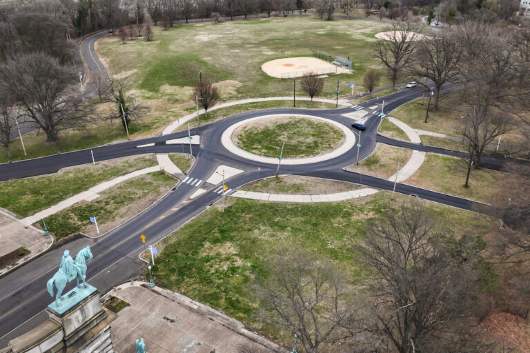 Aerial shot of Traffic circle at Lansdowne Drive and Avenue of the Republic in Philadelphia