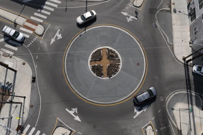 Aerial shot of Traffic circle at Lansdowne Drive and Avenue of the Republic in Philadelphia