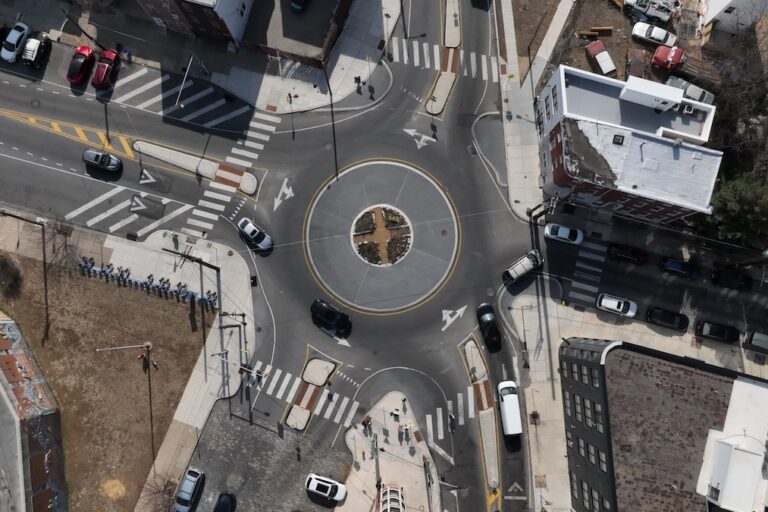 Aerial shot of Traffic circle at Lansdowne Drive and Avenue of the Republic in Philadelphia