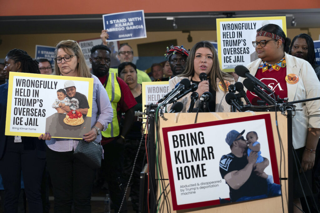Jennifer Vasquez Sura, the wife of Kilmar Abrego Garcia of Maryland, speaking at news conference