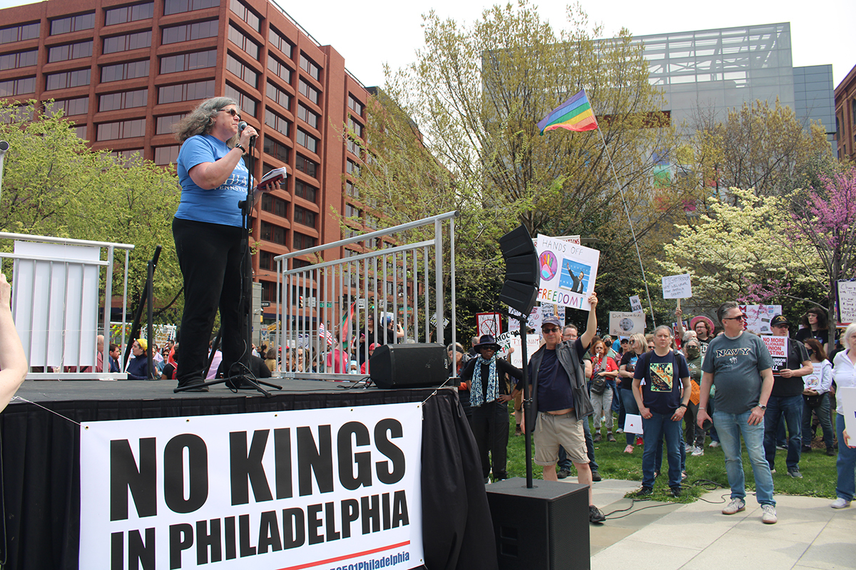 Cathryn Miller-Wilson, executive director of HIAS Pennsylvania, speaking at a rally protesting the Trump administration.