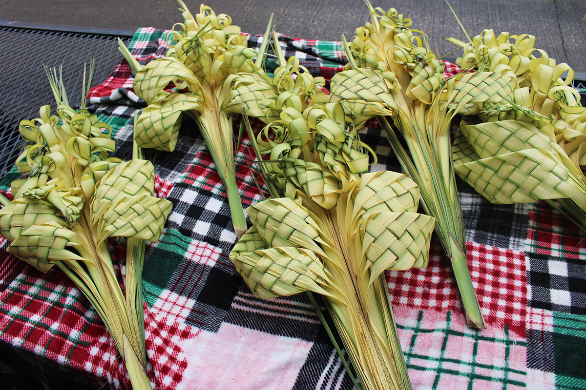 Weaved palm fronds sit on display in Philadelphia's Italian Market.