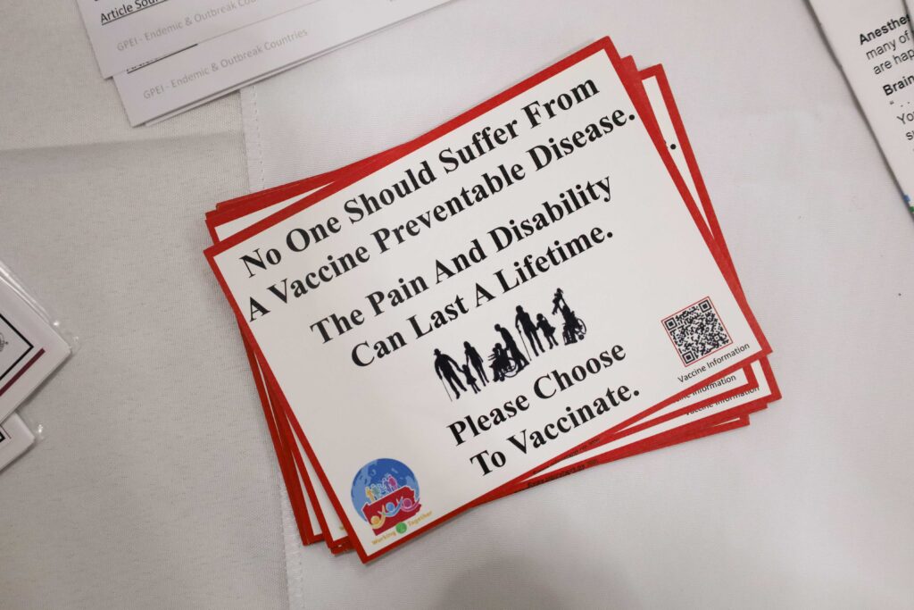 A promotional card from the Post Polio Network says, ''No one should suffer from a vaccine preventable disease. The pain and disability can last a lifetime. Please choose to vaccinate''