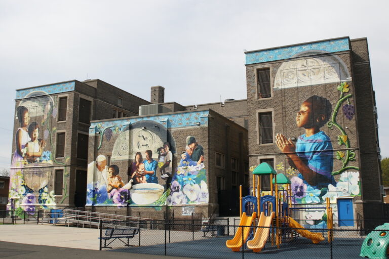 Full view of Mural on the facade of Saint Malachy School