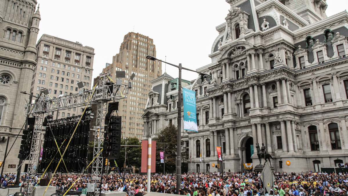 the crowd outside of City Hall