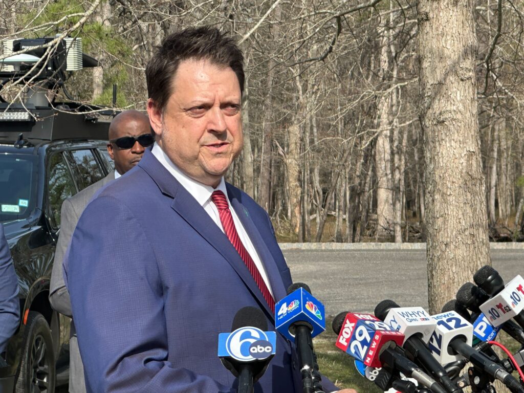 Ocean County Prosecutor Bradley D. Billhimer speaks at a news conference regarding the Ocean County wildfire