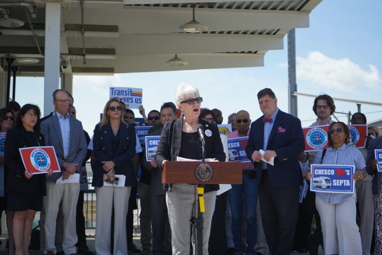 State Senator Carolyn Comitta addresses the media at Paoli Station