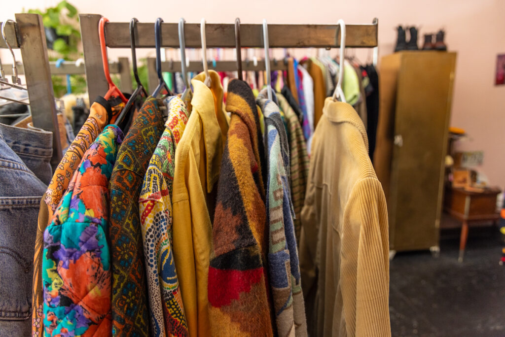 Coats on a rack at B-Bop Vintage in Philadelphia’s Queen Village
