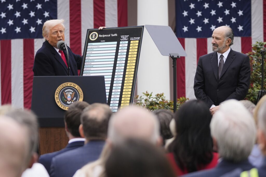 Donald Trump and Howard Lutnick announcing new tariffs