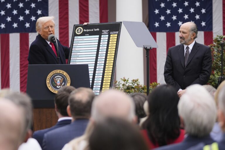 Donald Trump and Howard Lutnick announcing new tariffs