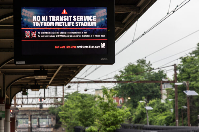 a sign on an NJ Transit train platform reads NO NJ TRANSIT SERVICE TO/FROM METLIFE STADIUM