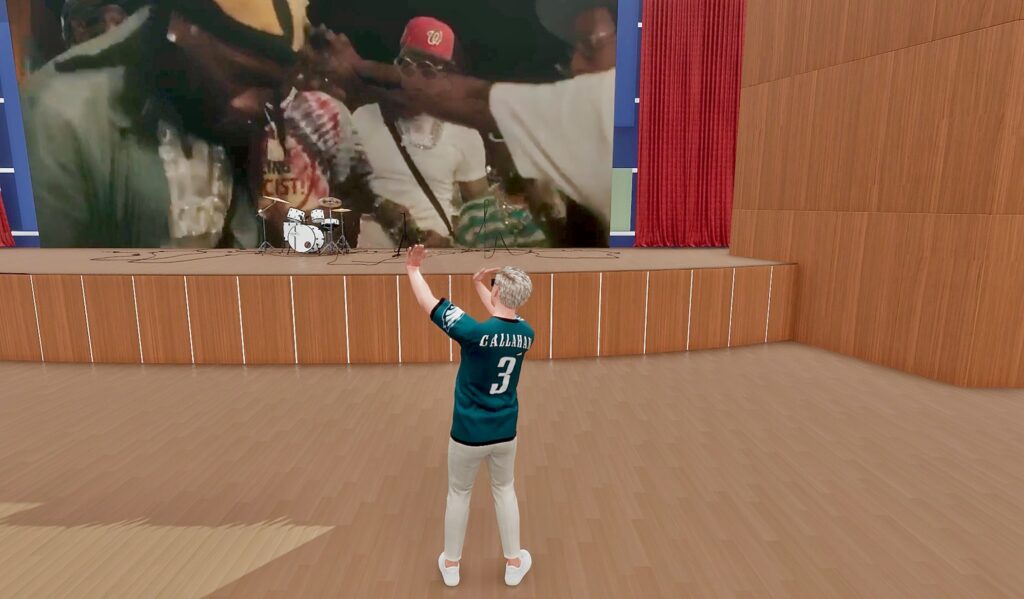 An avatar inside the World Cafe Live virtual reality metaverse