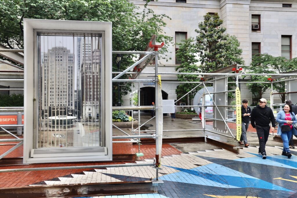 2025 05 22-e lee-philadelphia city hall courtyard-city views art installation department of revenue the Civic Views exhibit being set up