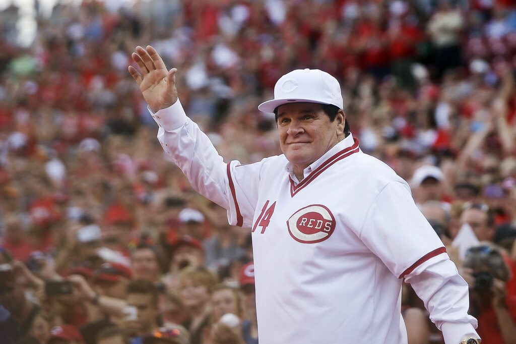 Rose Jackson Reinstated Baseball Pete Rose waiving to a crowd while wearing a Cincinnati Reds shirt