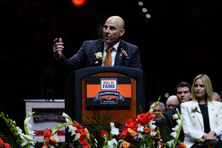 Rick Tocchet speaks during his induction ceremony into the Philadelphia Flyers' Hall of Fame